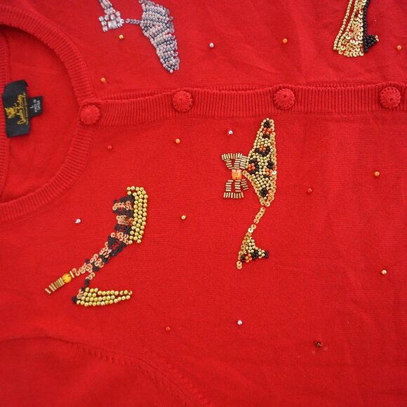 Quacker Factory Red Beaded High Heels Button Up Cardigan Sweater Retro Beaded L - Picture 8 of 10